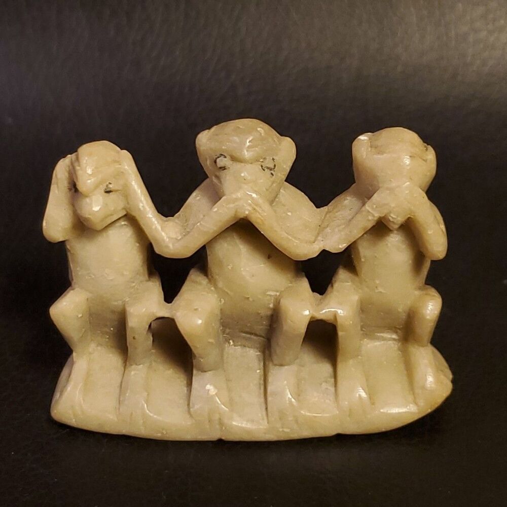 Vintage 1944 WWII Chinese Export Carved Soapstone Three Wise Monkeys Figurine